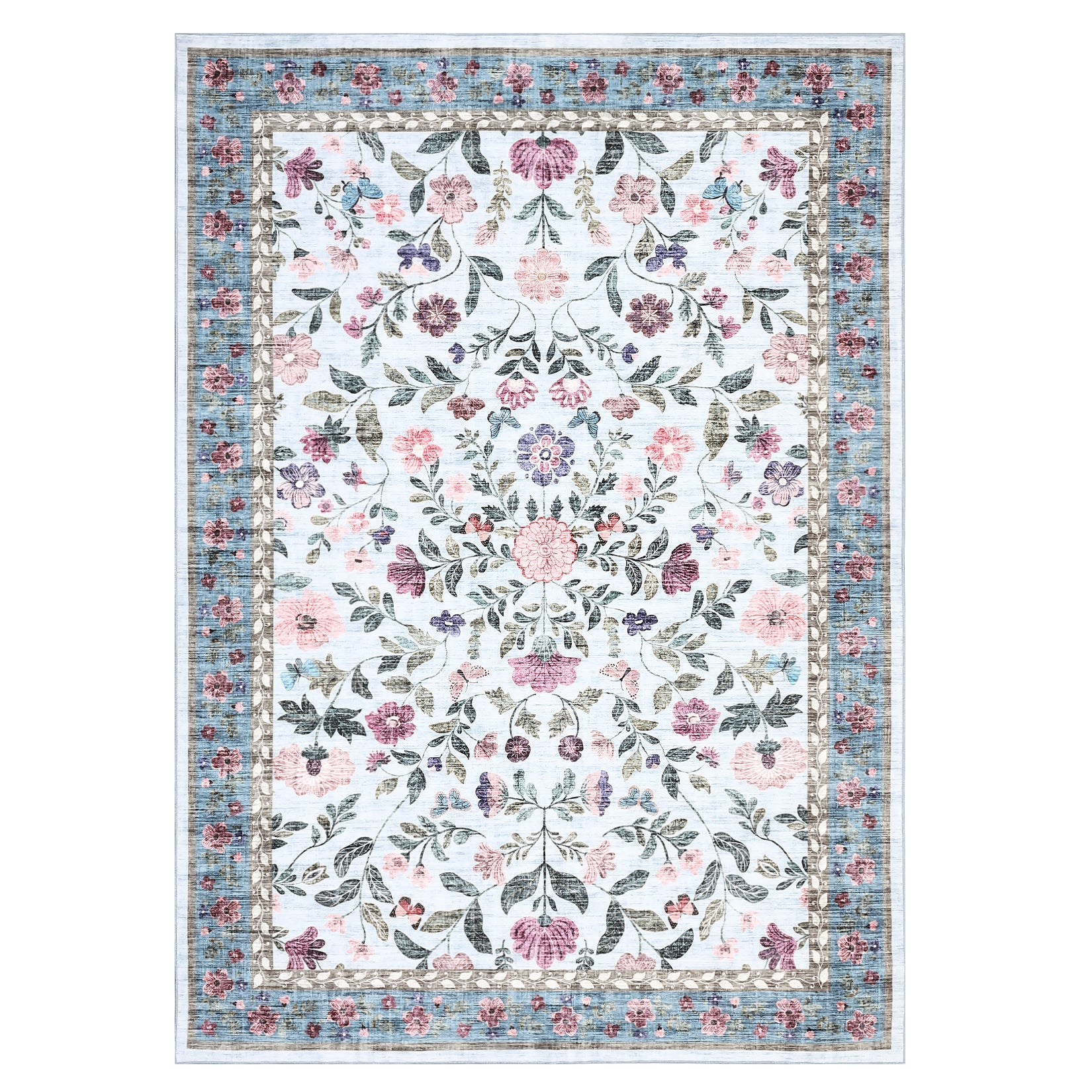 Garvee Large Washable Area Rug 10x13 Light Blue - Soft Low Pile, Non-Slip Rubber Backing - Faux Wool, Vintage Floral Design - Foldable, Non-Shedding - Living Room, Bedroom, High-Traffic Areas