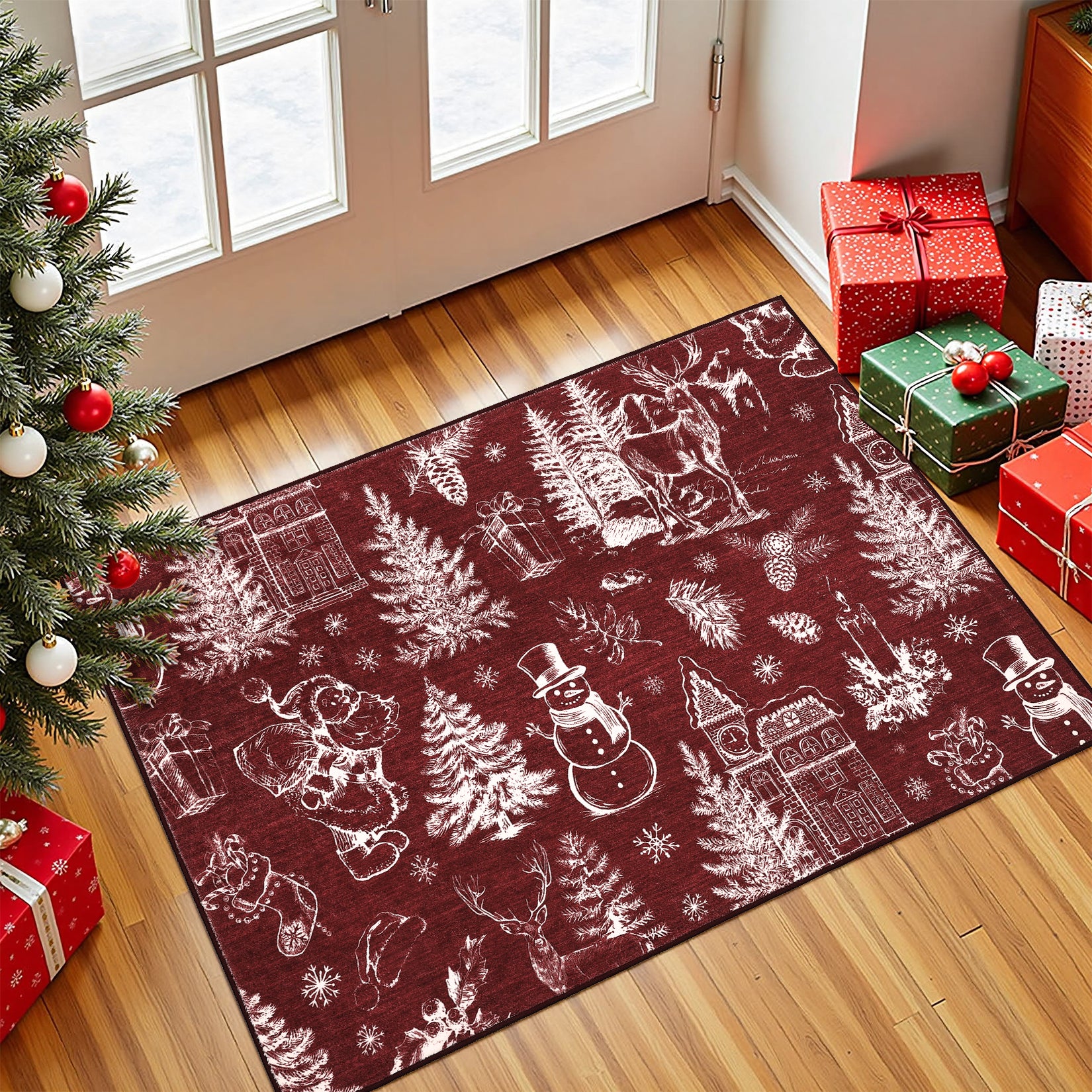 Garvee Christmas Rug Thin Washable Rug with Non Slip Rubber Backing, Low Pile Soft Indoor Carpet, Non Shedding Foldable Printed Floor Mats for Living Room Nursery Bedroom