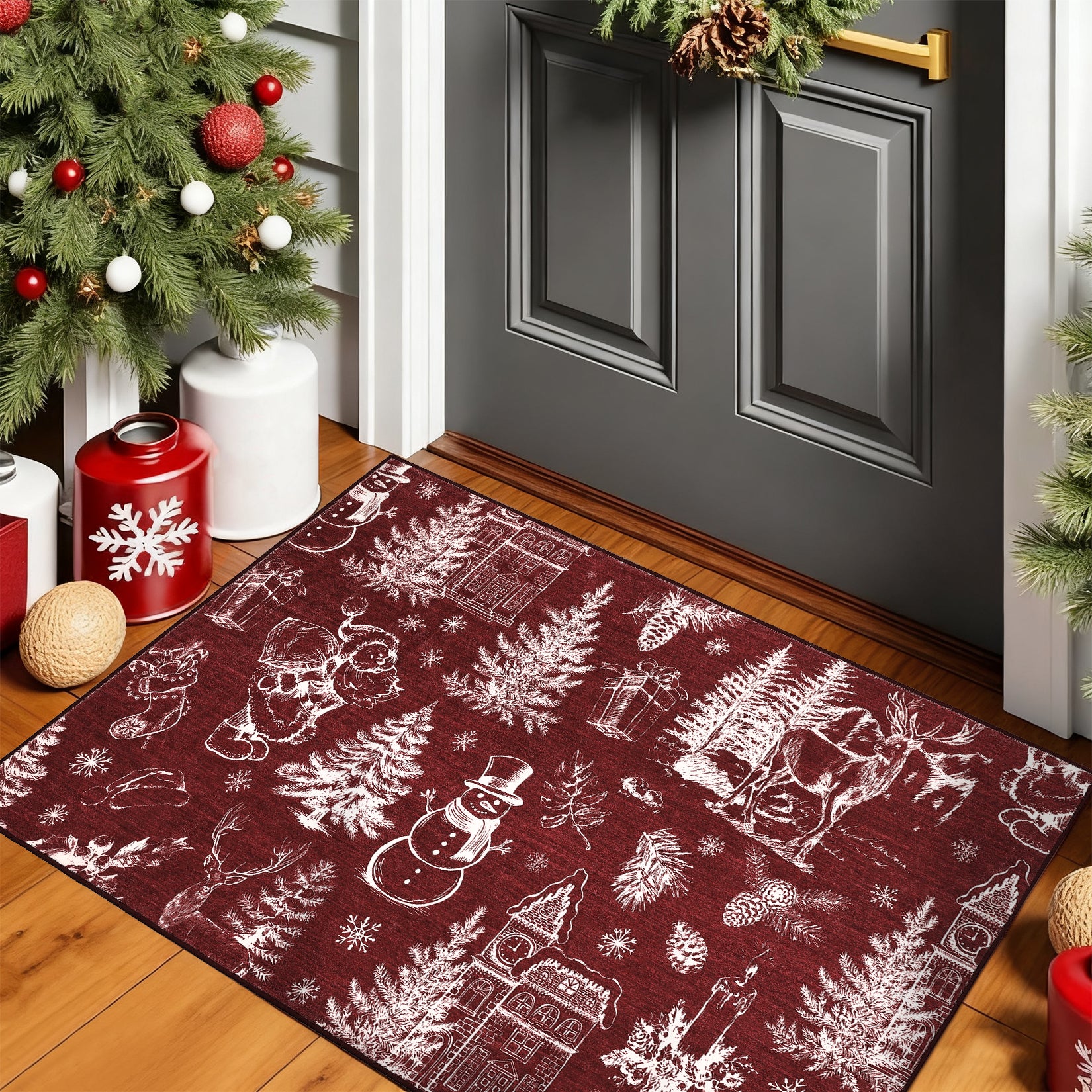Garvee Christmas Rug Thin Washable Rug with Non Slip Rubber Backing, Low Pile Soft Indoor Carpet, Non Shedding Foldable Printed Floor Mats for Living Room Nursery Bedroom