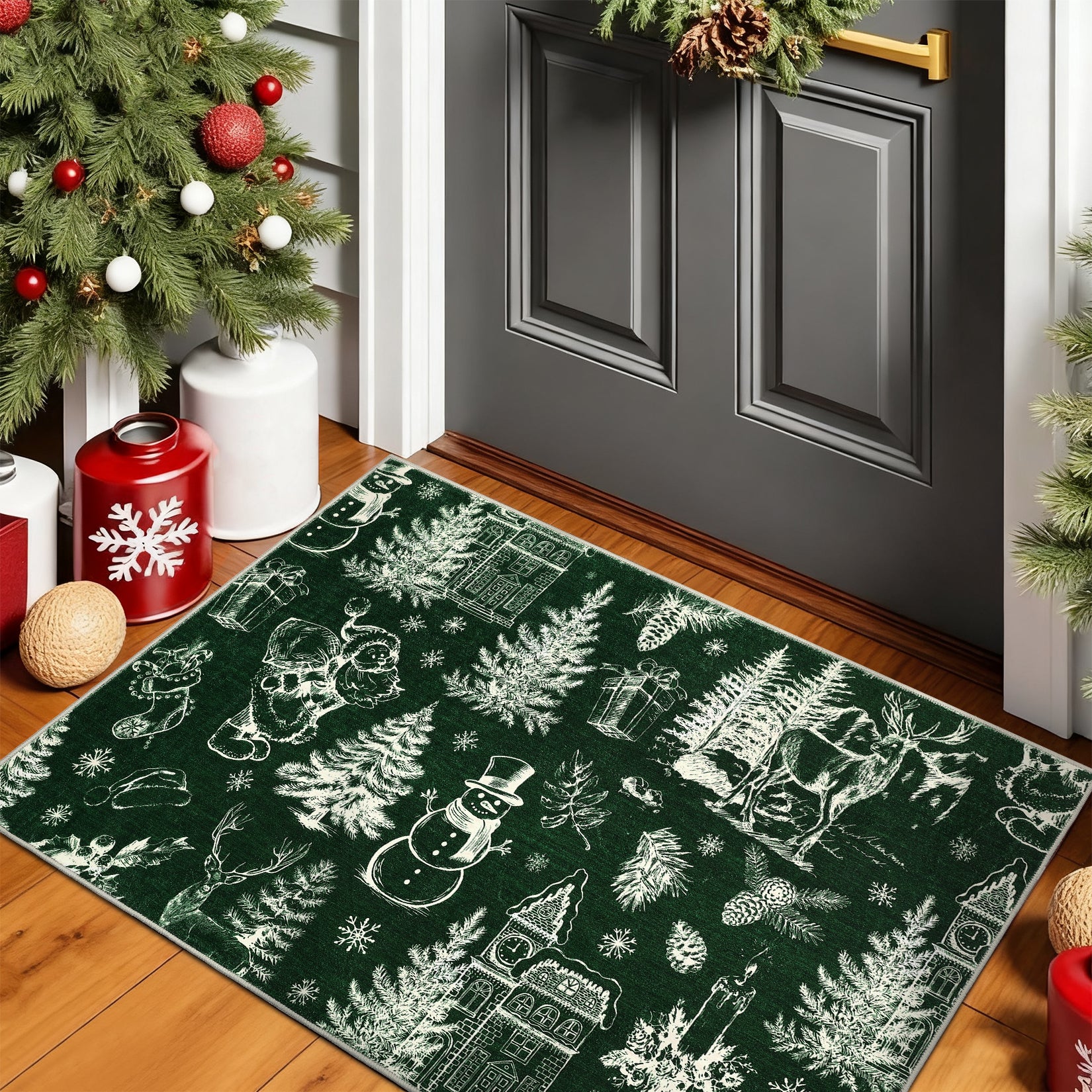 Garvee Christmas Rug Thin Washable Rug with Non Slip Rubber Backing, Low Pile Soft Indoor Carpet, Non Shedding Foldable Printed Floor Mats for Living Room Nursery Bedroom