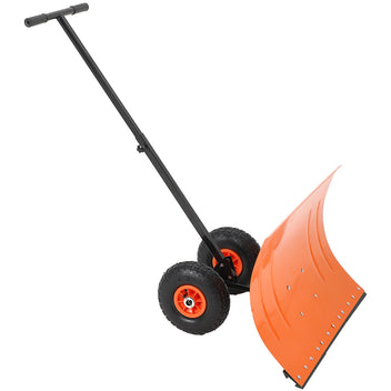 Garvee 29"W X 19"H Snow Shovel with Wheels Steel Snow Pusher 5-Position Angled Blade Ergonomic Back-Saving Design Heavy Duty Orange for Driveway Sidewalk