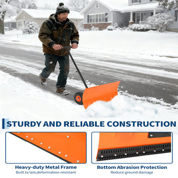 Garvee 29"W X 19"H Snow Shovel with Wheels Steel Snow Pusher 5-Position Angled Blade Ergonomic Back-Saving Design Heavy Duty Orange for Driveway Sidewalk