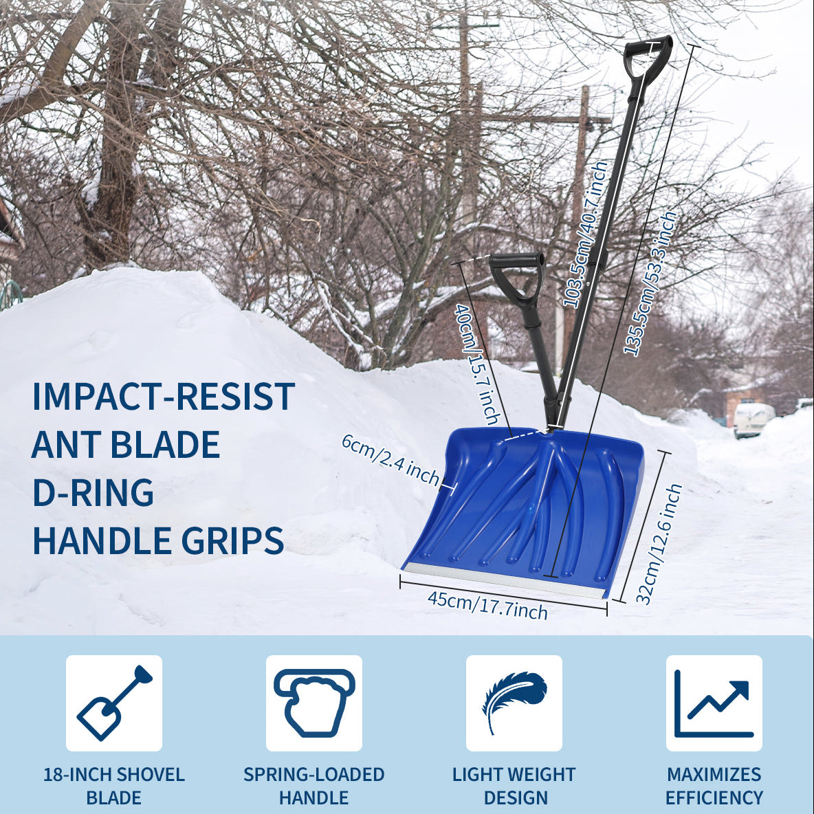 Garvee 17.7"W X 12.6"H Snow Shovel with Assisted D-Ring Handle, Ergonomic Snow Pusher Shovel, Lightweight & Durable Winter Tool for Driveway Walkway Garden Patio Yard