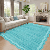 Garvee Scalloped Area Rug 9x12 Washable Rugs for Living Room, Solid Color Floor Carpet for Bedroom, Non Slip Low Pile Mat with Rubber Back, Soft Nursery Rug for Dining Room Office - Teal