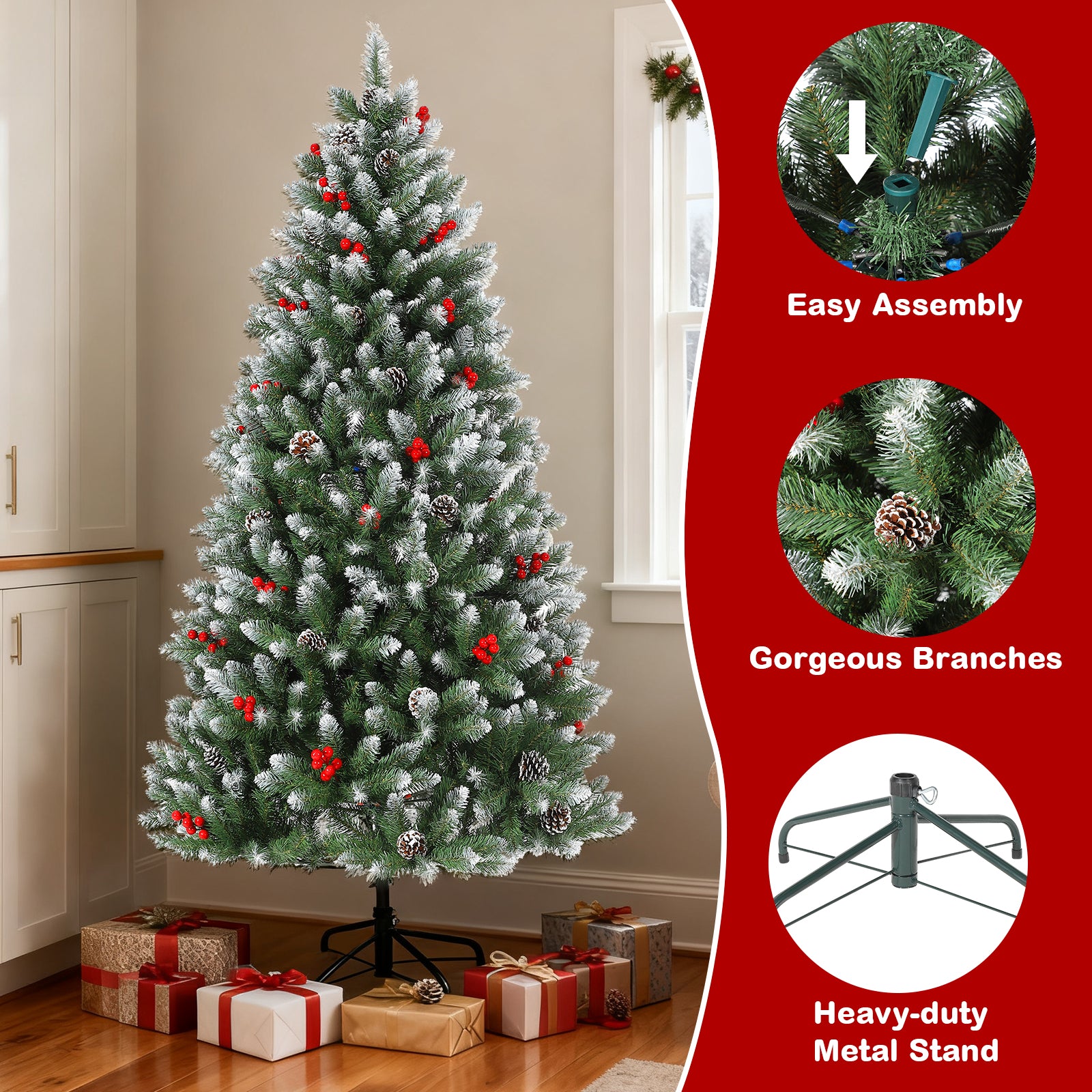 Garvee 6FT Artificial Christmas Tree with Pine Cones & Berries, Hinged Branches, Metal Stand, Frosted Pine, Indoor Outdoor Holiday Decor