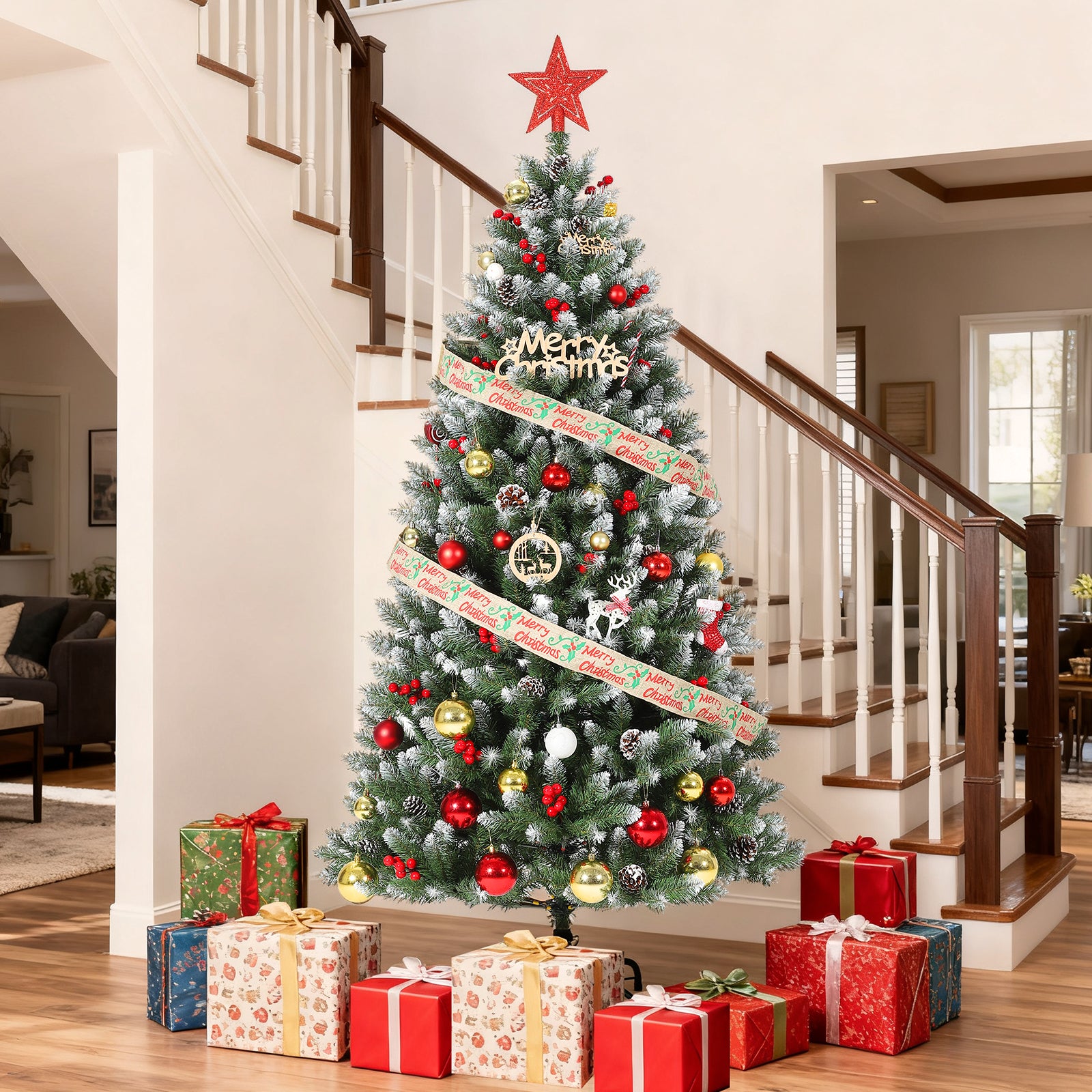Garvee 6FT Artificial Christmas Tree with Pine Cones & Berries, Hinged Branches, Metal Stand, Frosted Pine, Indoor Outdoor Holiday Decor