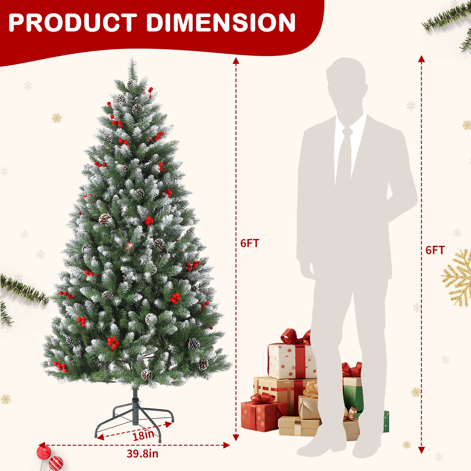 Garvee 6FT Artificial Christmas Tree with Pine Cones & Berries, Hinged Branches, Metal Stand, Frosted Pine, Indoor Outdoor Holiday Decor
