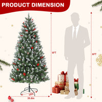 Garvee 6FT Artificial Christmas Tree with Pine Cones & Berries, Hinged Branches, Metal Stand, Frosted Pine, Indoor Outdoor Holiday Decor