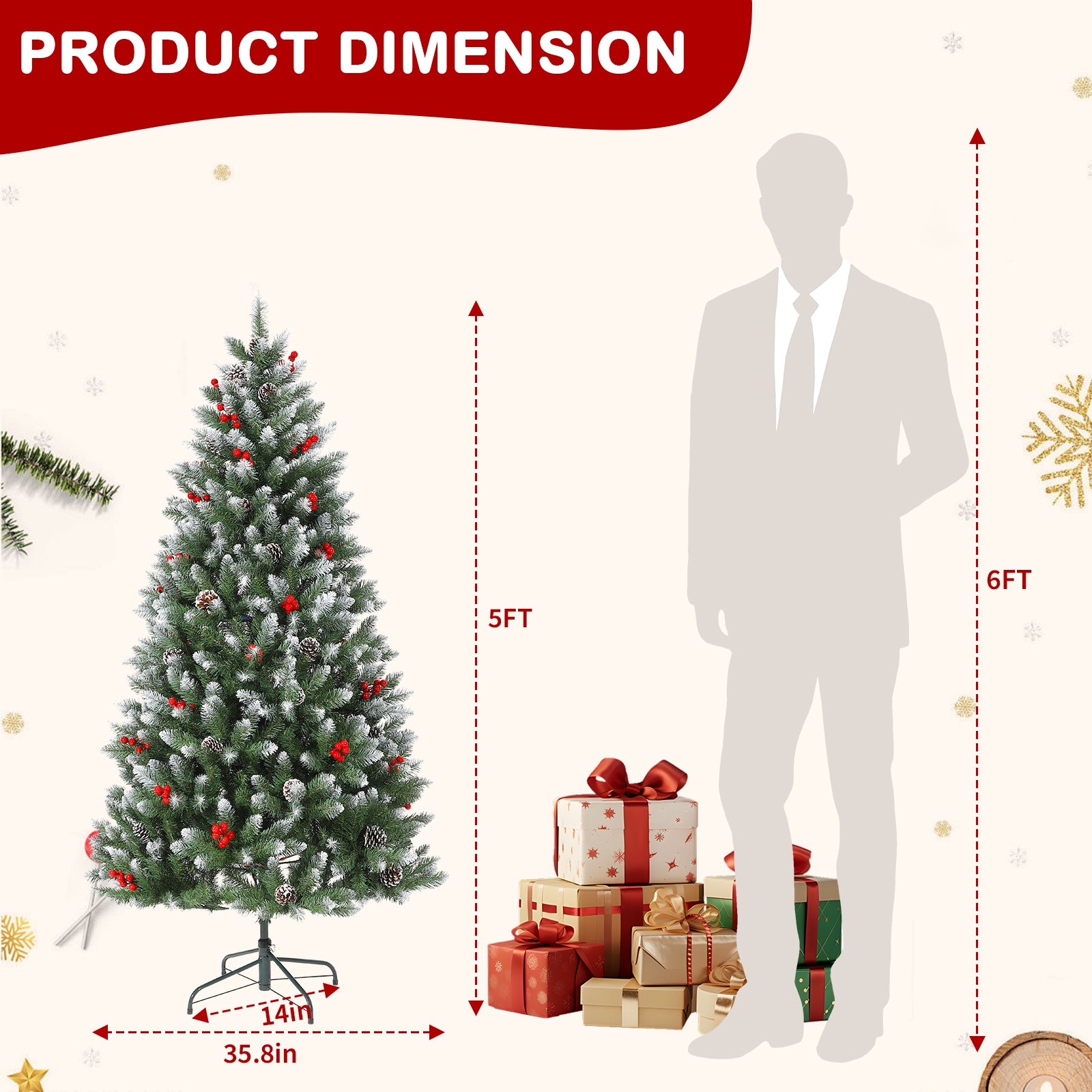 Garvee 5FT Artificial Christmas Tree with Pine Cones & Berries, Hinged Branches, Metal Stand, Frosted Pine, Indoor Outdoor Holiday Decor