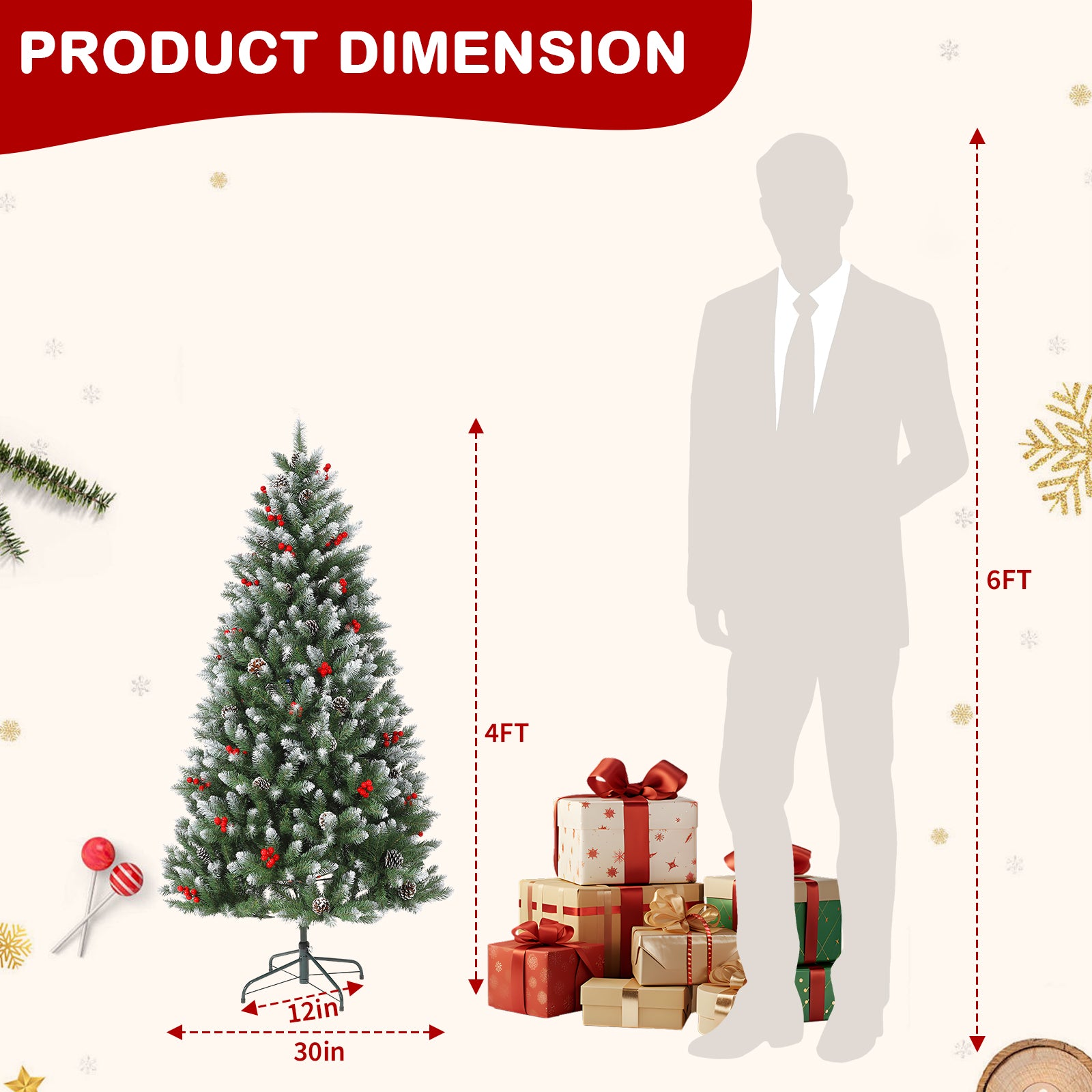 Garvee 4FT Artificial Christmas Tree with Pine Cones & Berries, Hinged Branches, Metal Stand, Frosted Pine, Indoor Outdoor Holiday Decor