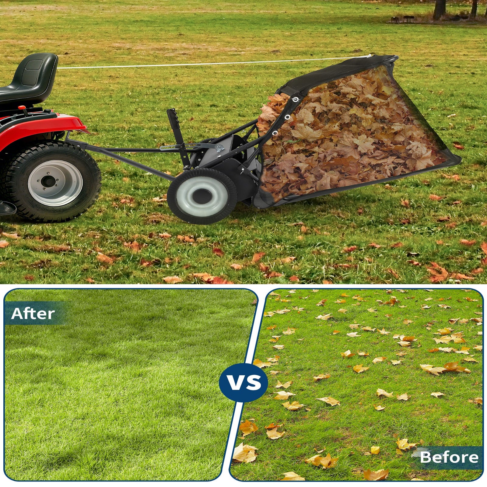 Garvee 42" Lawn Sweeper Tow Behind, Heavy Duty Yard Sweeper Pull Behind with 21 Cu.Ft Large Hopper & Adjustable Sweeping Height, Universal Leaf Grass Collector for Tractor ATV UTV, Black