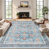 Garvee Area Rug 8x10 Vintage Oriental Rug for Living Room, Thin Washable Carpet with Non Slip Rubber Backing, Soft Non Shedding Floor Covering, Low Pile Foldable Mats for Bedroom, Blue - Blue