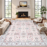 Garvee Area Rug 8x10 Vintage Oriental Rug for Living Room, Thin Washable Carpet with Non Slip Rubber Backing, Soft Non Shedding Floor Covering, Low Pile Foldable Mats for Bedroom, Pink - Pink