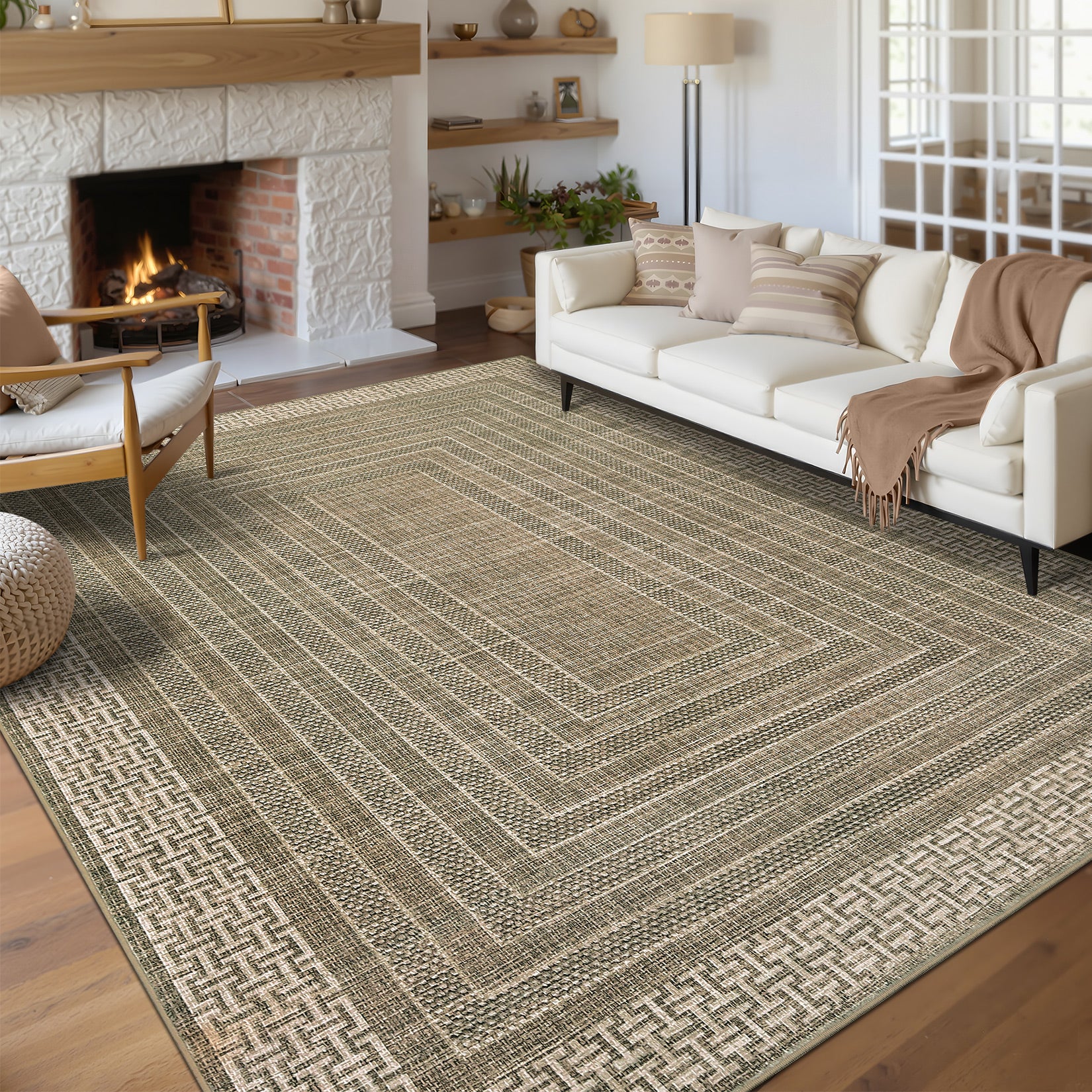 Garvee Living Room Bedroom Rugs 5x7, Washable Stain Resistant Non Slip Large Carpet for Dining Room, Indoor Contemporary Bordered Area Rug, Brown