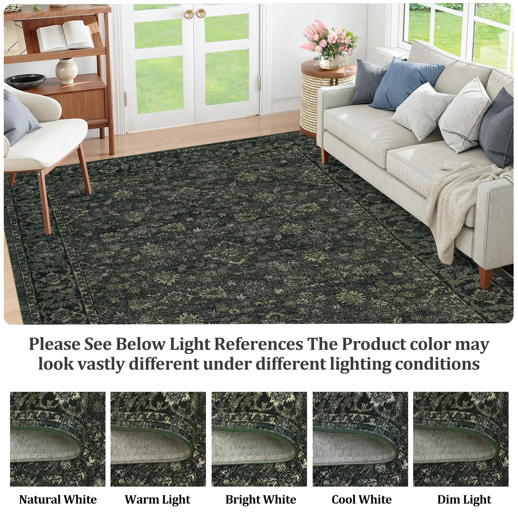 Garvee Vintage Boho Area Rugs Dark Green 8'x10' Washable Large Rugs Non-Slip Backing Soft Modern Pastel Carpets for Living Room Bedroom Dining Room Nursery Office Farmhouse Home Decor