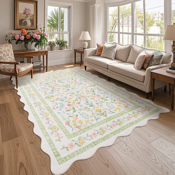 Garvee Floral Area Rug with Unique Shape - Rustic Natural Design Non-Slip Machine Washable Rug, Soft Bohemian Rug