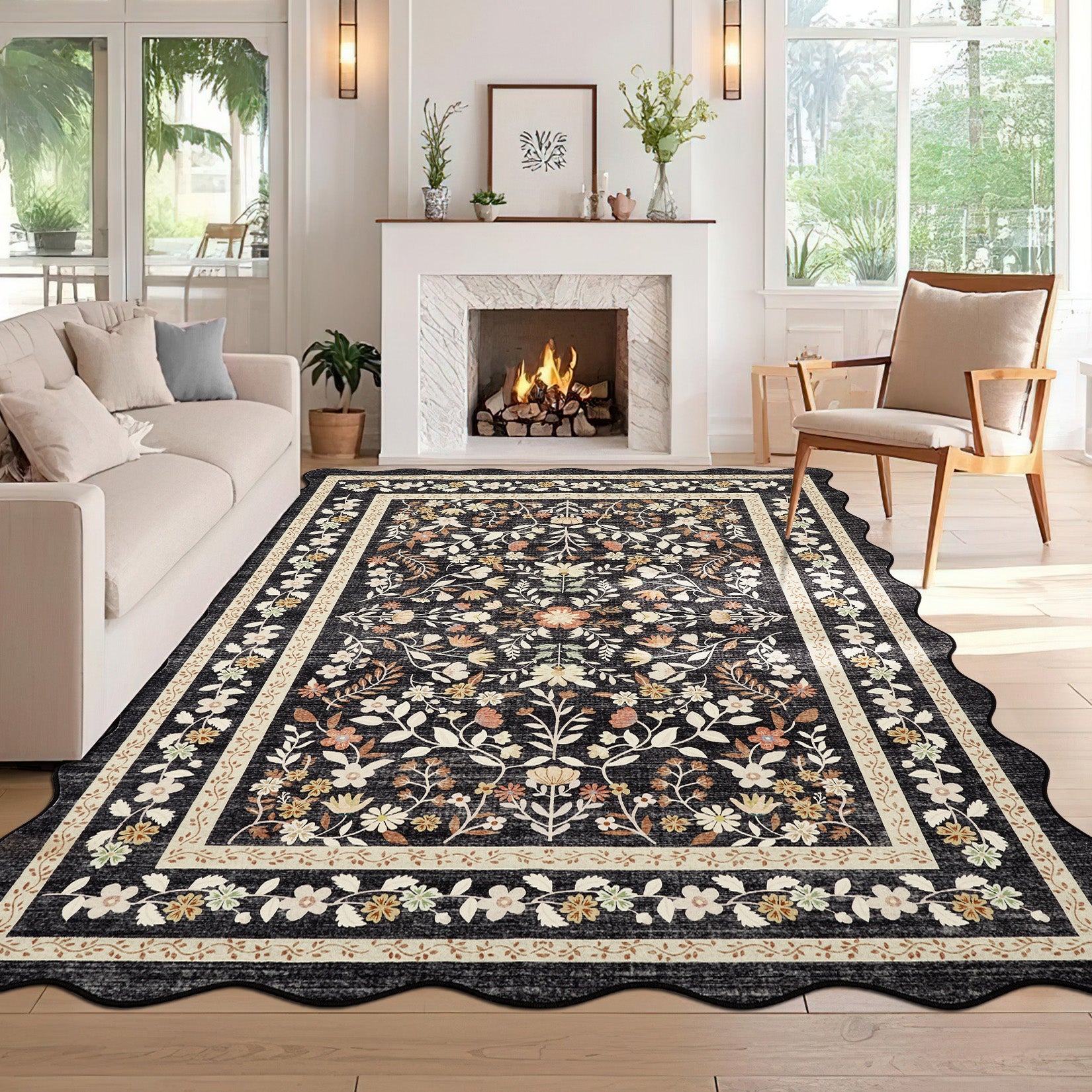 Garvee Floral Area Rug with Unique Shape - Rustic Natural Design Non-Slip Machine Washable Rug, Soft Bohemian Rug