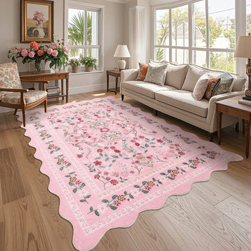 Garvee Floral Area Rug with Unique Shape - Rustic Natural Design Non-Slip Machine Washable Rug, Soft Bohemian Rug