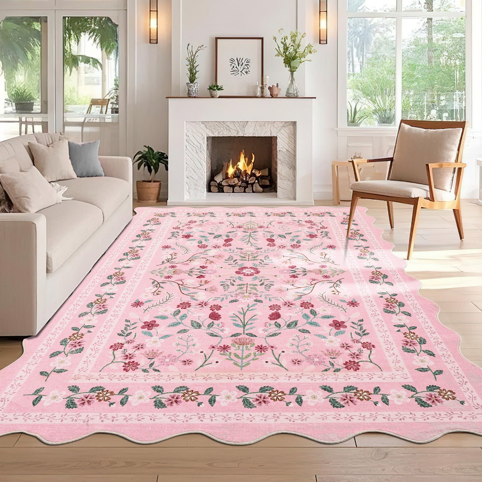 Garvee Floral Area Rug with Unique Shape - Rustic Natural Design Non-Slip Machine Washable Rug, Soft Bohemian Rug
