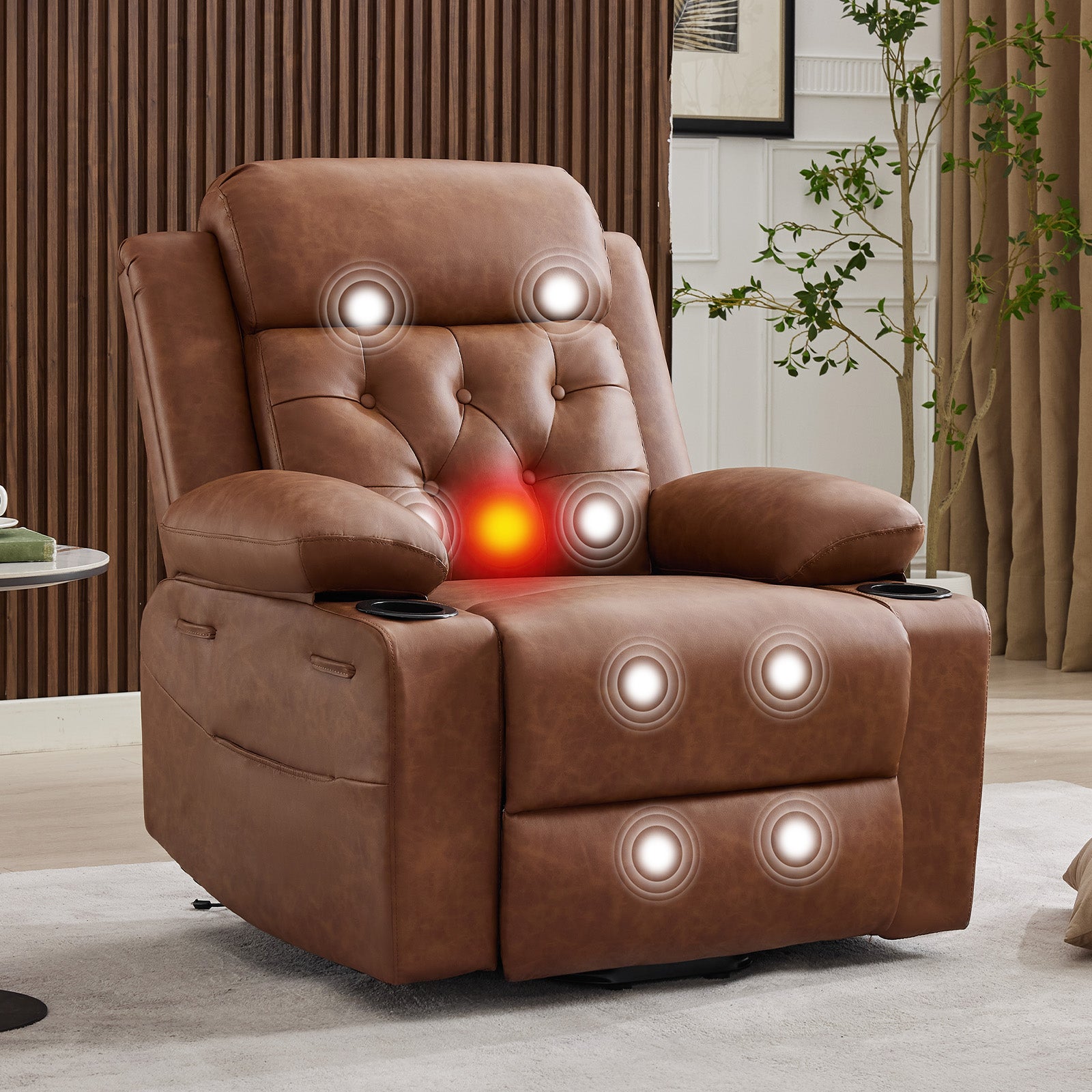 Garvee Power Lift Recliner Chair for Elderly with Massage and Lumbar Heating, PU Leather Electric Lift Reclining Single Sofa with Side Pockets, 2 Cup Holders for Mobility Impaired, Brown