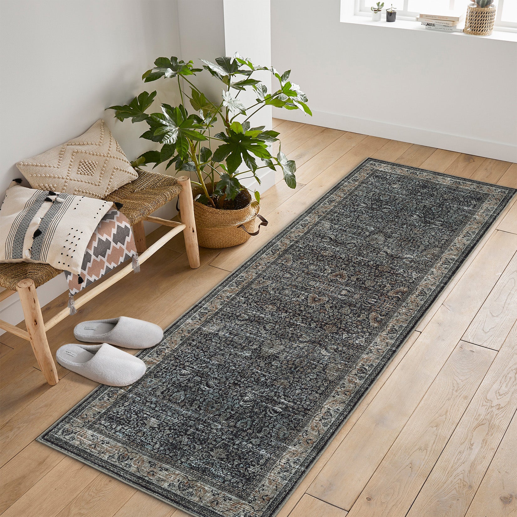 Garvee Washable Runner Rugs, Reddish Brown 2'X6' Antique Distressed Long Rug, Modern Non Slip Stain Resistant Vintage Print Accent Carpet for Living Room Bedroom Dining Office Farmhouse Hallway Entryway