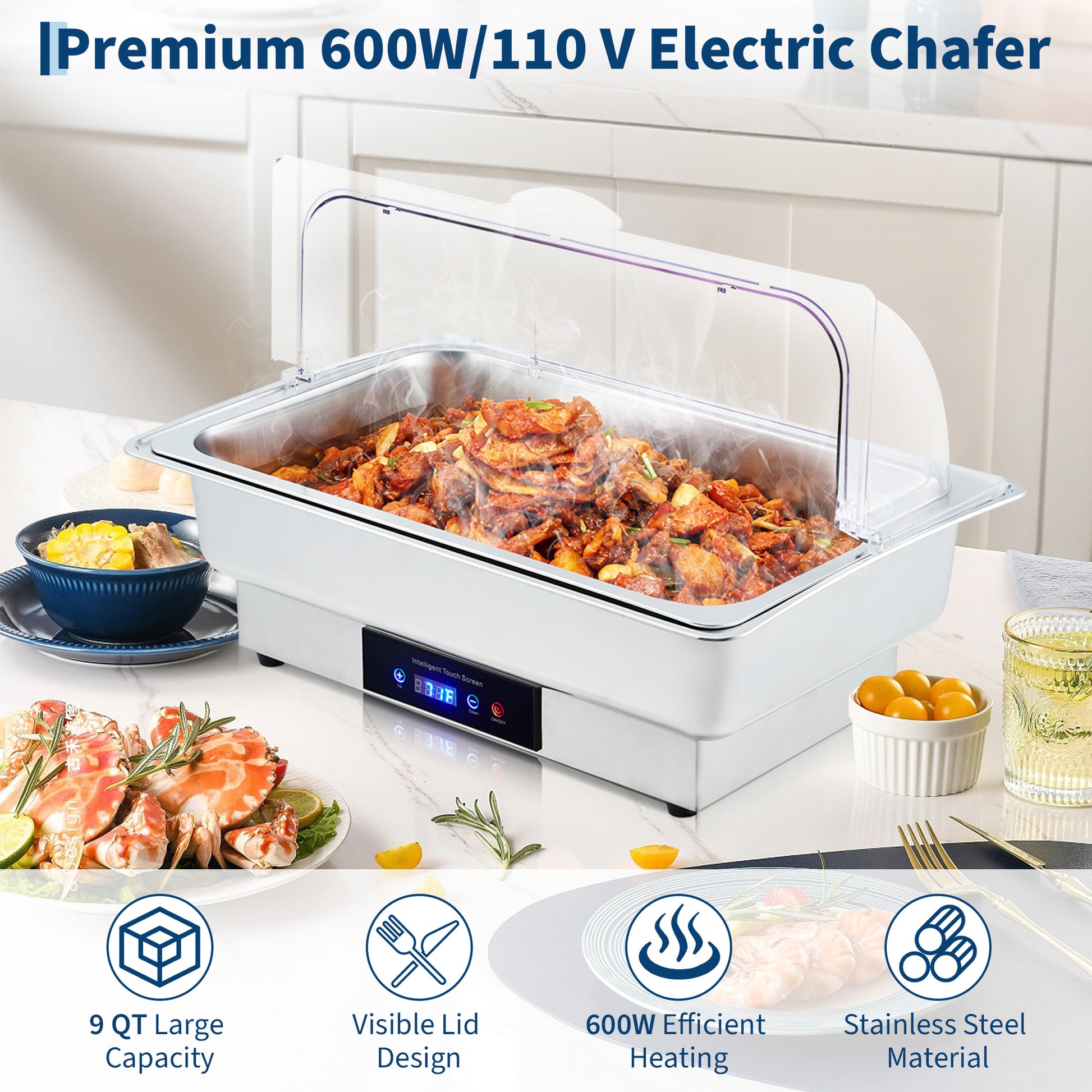 Garvee Electric Chafing Dish Buffet Set, 9 QT Stainless Steel Food Warmer with Temperature Control & Transparent Roll Top Lid, Catering Server for Parties, Banquets, Buffets, Keeping Food Warm & Fresh