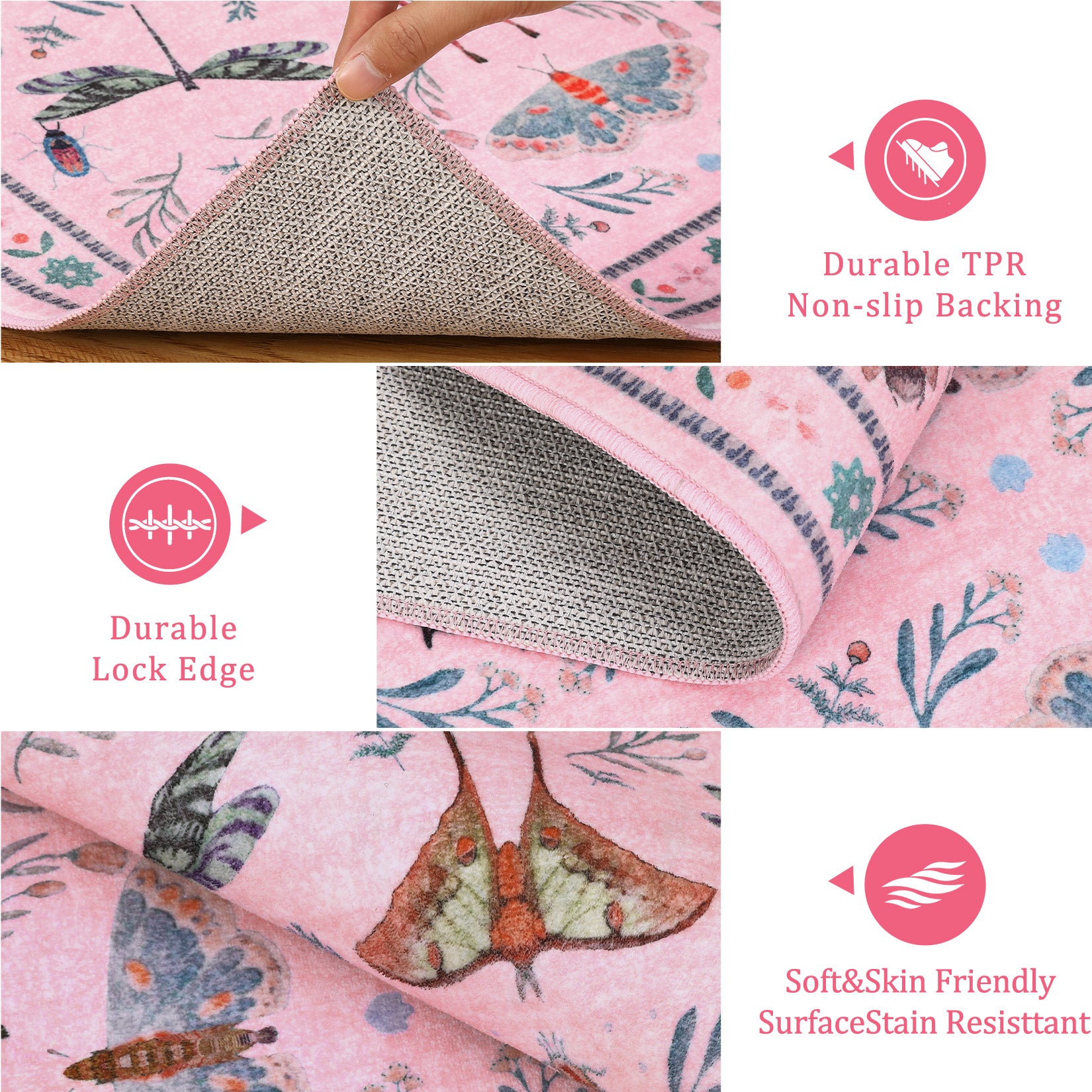 Garvee 5' x 7' Pink Botanical Butterfly Area Rug, Washable Non-Slip Ultra-Thin Soft Rug for Living Room, Bedroom & Nursery