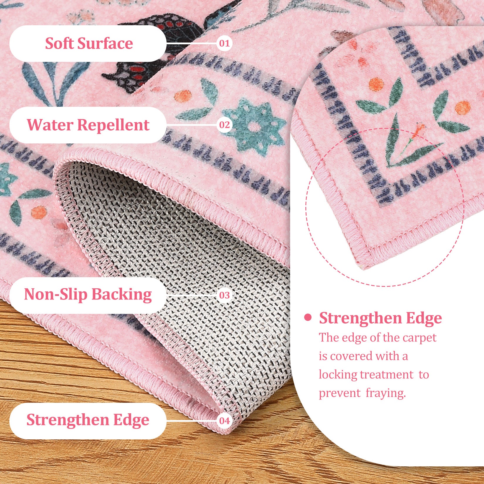 Garvee 5' x 7' Pink Botanical Butterfly Area Rug, Washable Non-Slip Ultra-Thin Soft Rug for Living Room, Bedroom & Nursery
