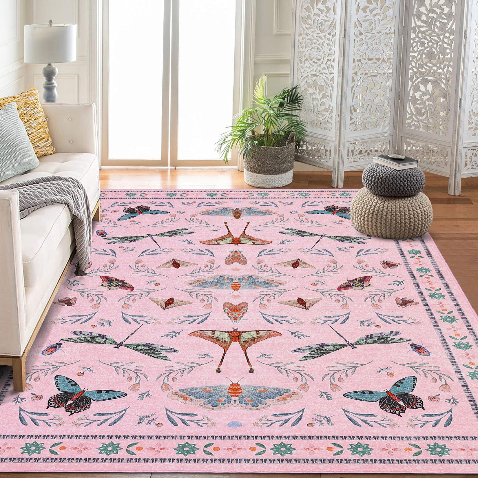 Garvee 5' x 7' Pink Botanical Butterfly Area Rug, Washable Non-Slip Ultra-Thin Soft Rug for Living Room, Bedroom & Nursery