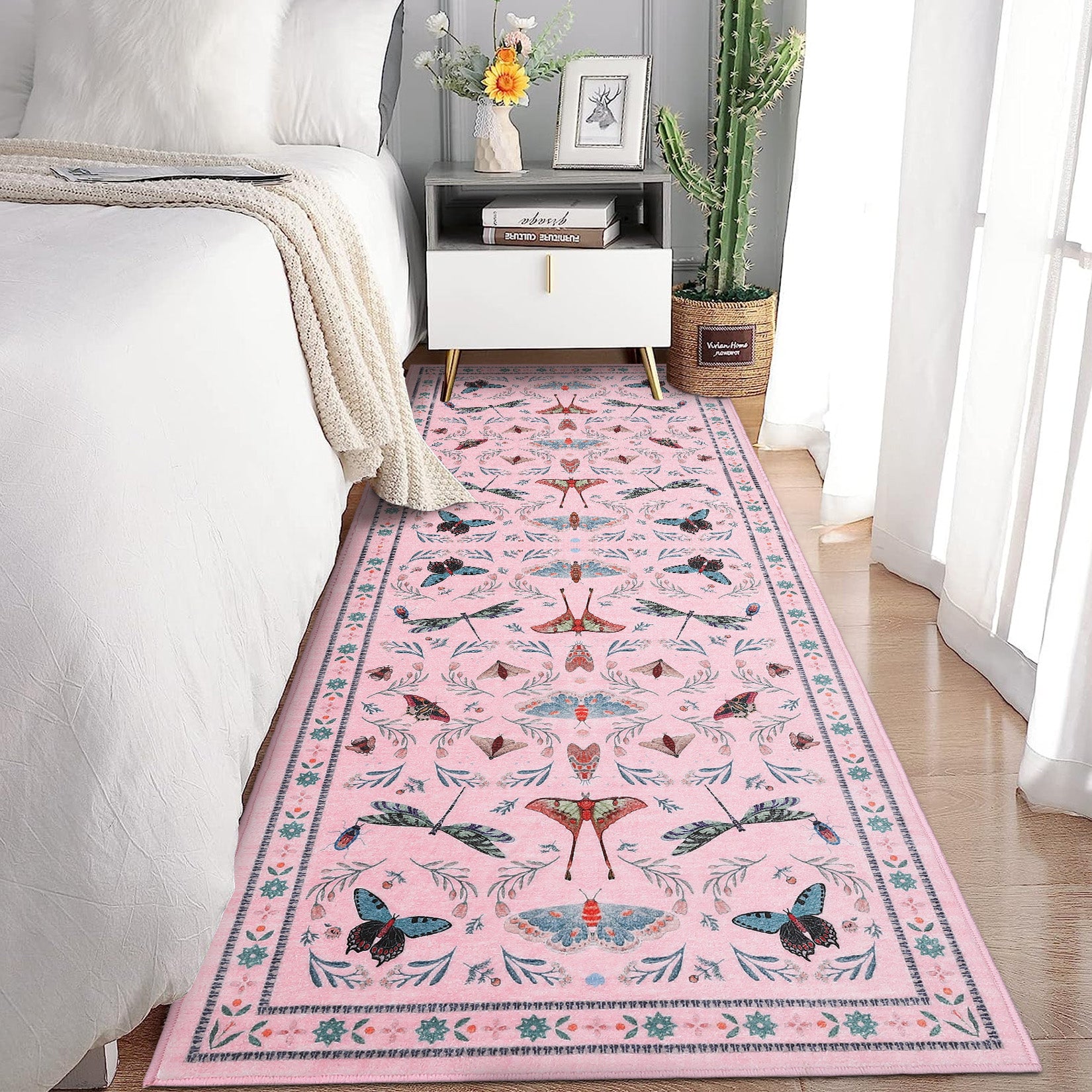Garvee 2' x 8' Pink Botanical Insect Runner Rug, Washable Non-Slip Ultra-Thin Rug for Hallway, Kitchen & Entryway