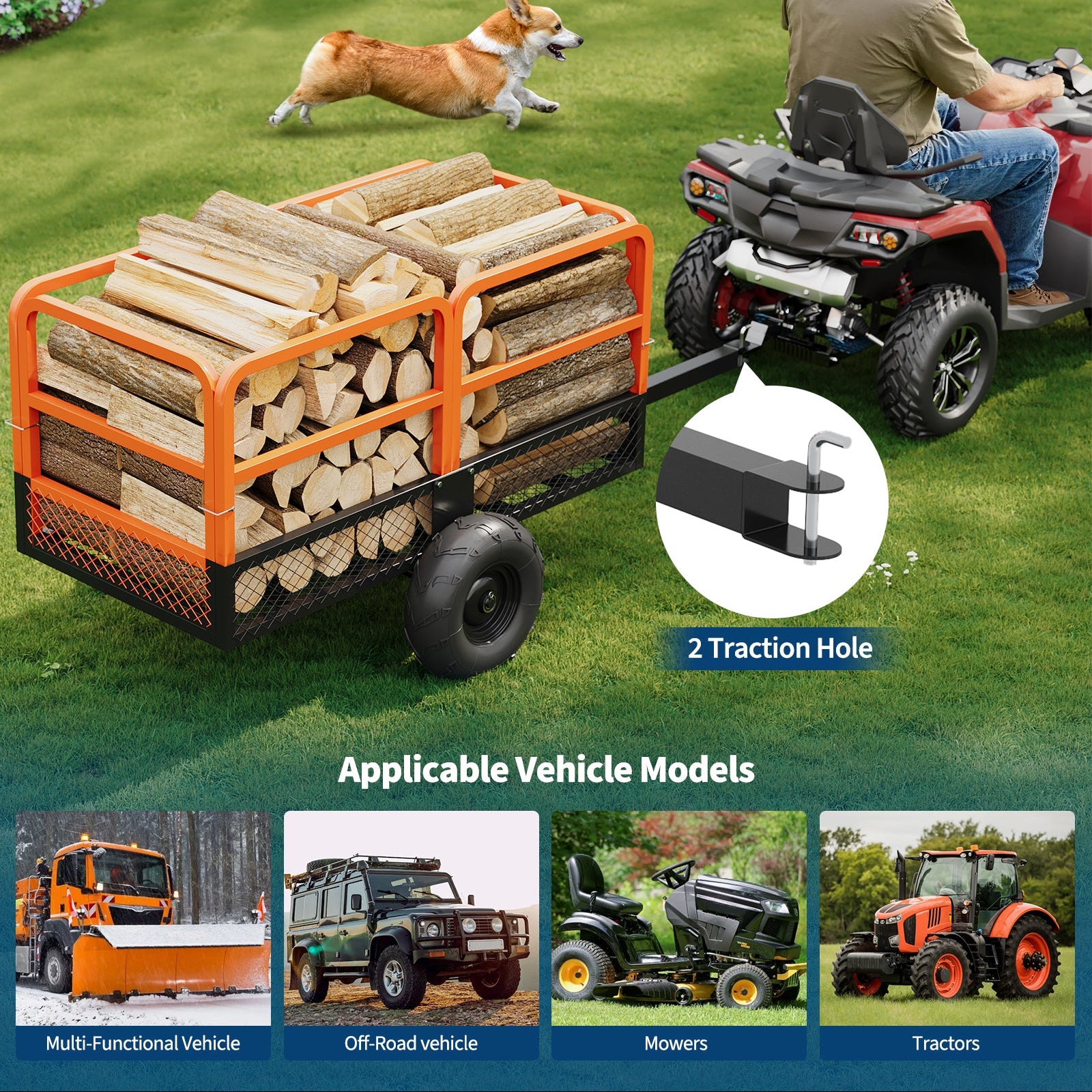 Garvee Heavy Duty Steel Garden Dump Cart - 1600 lbs Capacity Utility Trailer - 22 Cu.Ft. with Removable Sides - Tow Behind for ATV, UTV, Lawn Mower or Tractor - Ideal Yard Hauler, Orange+Black