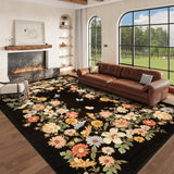 Garvee Washable Rug 3x5 Vintage Floral Rug Non Slip, Low Pile Thin Foyer Mat, Soft Non Shedding Indoor Carpets, Foldable Printed Floor Covering for Entryway Laundry Room, Black - Black