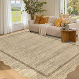 Garvee Area Rug 8x10 Scalloped Rug Non Slip for Living Room, Thin & Washable Neutral Carpet, Soft Non Shedding Floor Covering, Indoor Low Pile Printed Mat for Bedroom Office, Camel - Jute