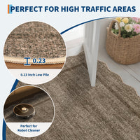 Garvee Extra Large Washable Rug 10x13 Scalloped Washable Rug with Non Slip TPR Backing, Soft Non Shedding Neutral Carpet, Indoor Low Pile Thin Foldable Mat, Modern Carpet for Open Space, Dark Brown