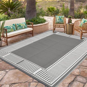 Garvee Waterproof Reversible Outdoor Rug 8x10ft – Large Plastic Straw Mat, UV Resistant, Easy to Clean, Collapsible – Ideal for Patio, Backyard, Deck, Camping, RV, Beach – Gray and White