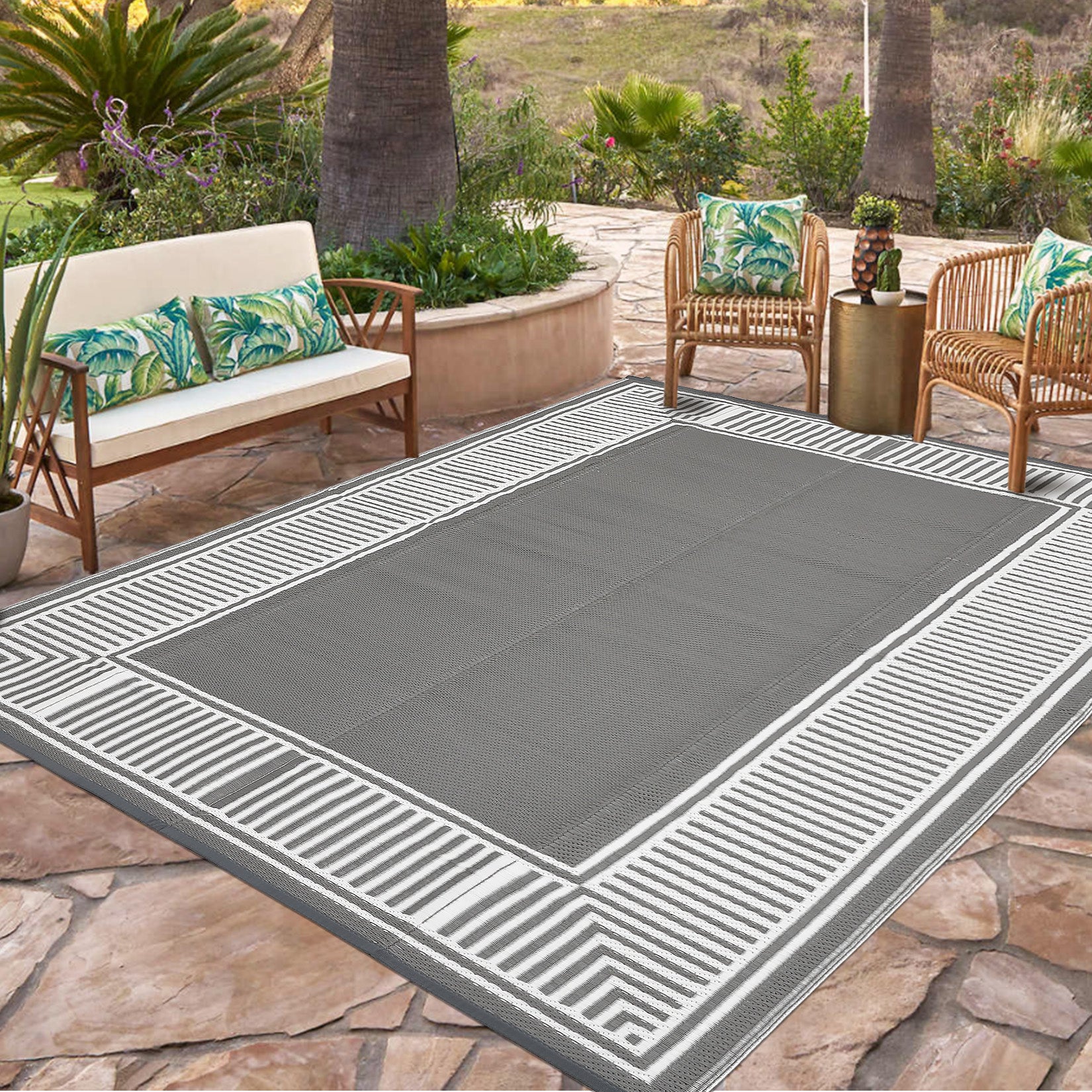 Garvee Waterproof Reversible Outdoor Rug 8x10ft – Large Plastic Straw Mat, UV Resistant, Easy to Clean, Collapsible – Ideal for Patio, Backyard, Deck, Camping, RV, Beach – Gray and White