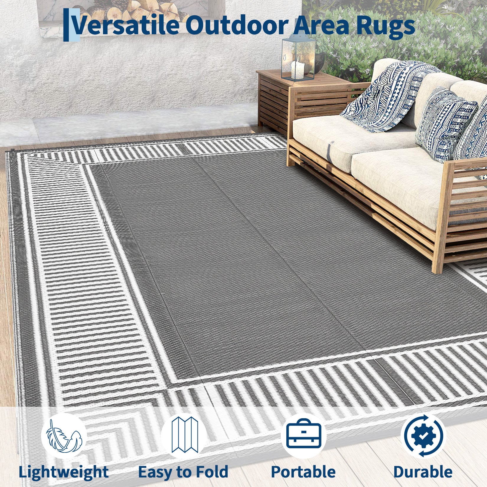 Garvee Reversible Waterproof Outdoor Rug - Grey & White Plastic Straw Mat for Patio, Deck, Garden, RV, Balcony - Modern Striped Geometric Design, Easy to Clean, Collapsible, Washable, 10x14ft