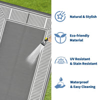 Garvee Reversible Waterproof Outdoor Rug - Grey & White Plastic Straw Mat for Patio, Deck, Garden, RV, Balcony - Modern Striped Geometric Design, Easy to Clean, Collapsible, Washable, 10x14ft