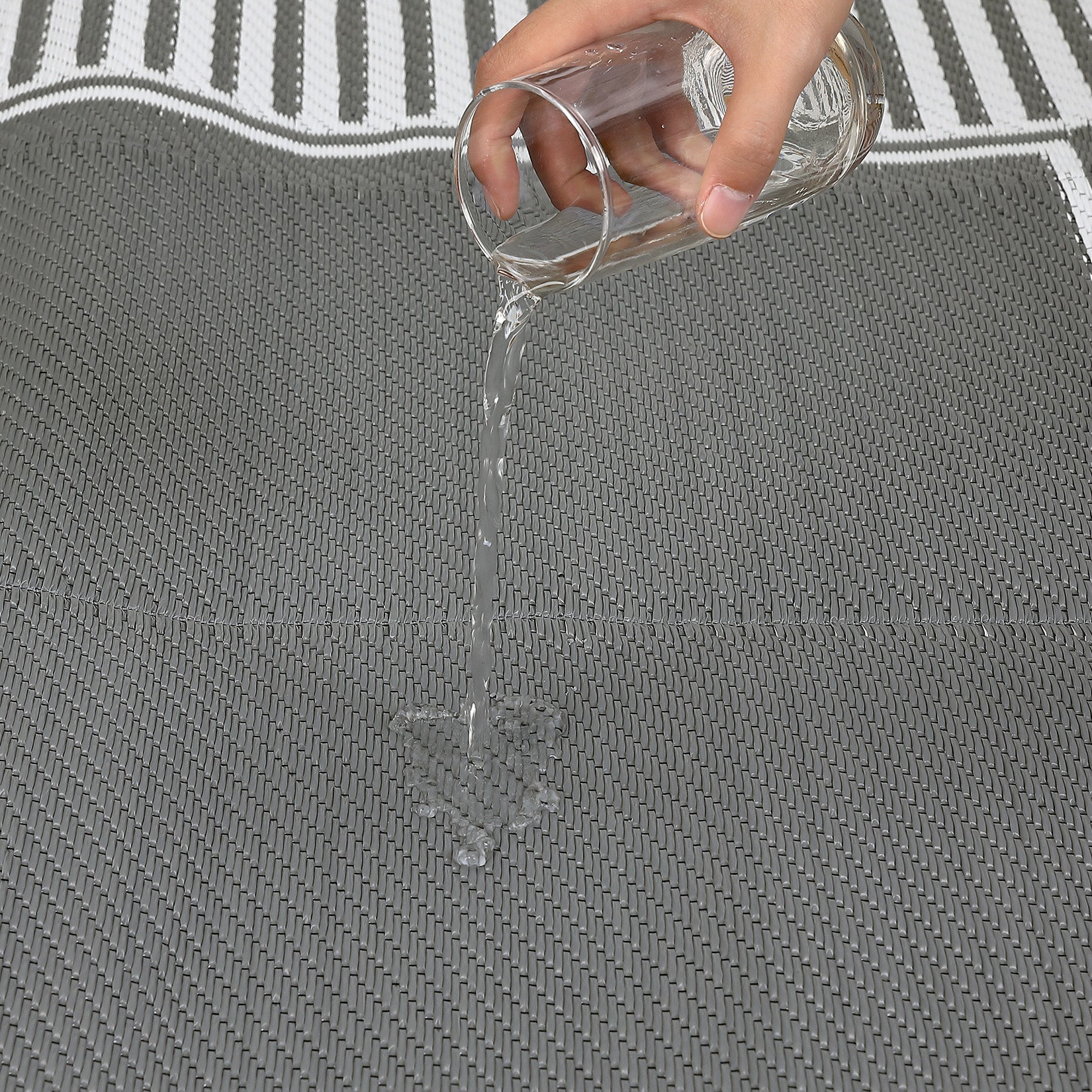 Garvee Reversible Waterproof Outdoor Rug - Grey & White Plastic Straw Mat for Patio, Deck, Garden, RV, Balcony - Modern Striped Geometric Design, Easy to Clean, Collapsible, Washable, 10x14ft