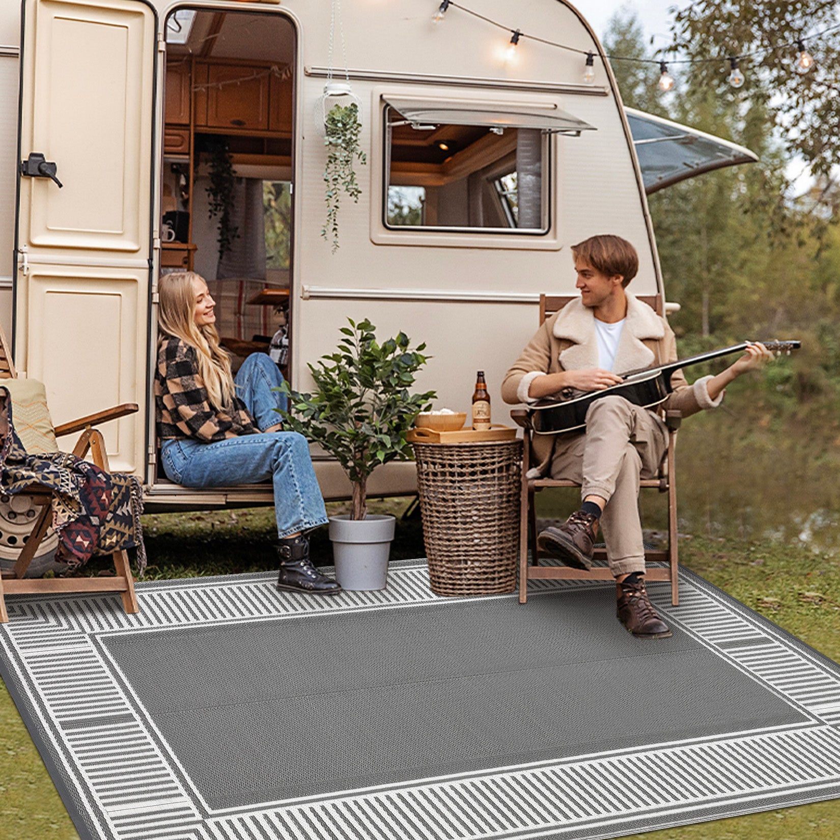 Garvee Reversible Waterproof Outdoor Rug - Grey & White Plastic Straw Mat for Patio, Deck, Garden, RV, Balcony - Modern Striped Geometric Design, Easy to Clean, Collapsible, Washable, 10x14ft
