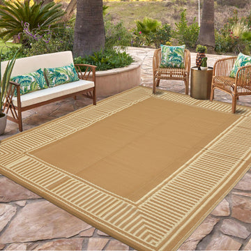 Garvee Waterproof Outdoor Area Rug - 10x20 Brown Coffee Plastic Straw Mat - UV Resistant, Non-Slip, Collapsible, Easy to Clean - Striped Edge, Sturdy Color for Patio, Garden, Deck, Camping
