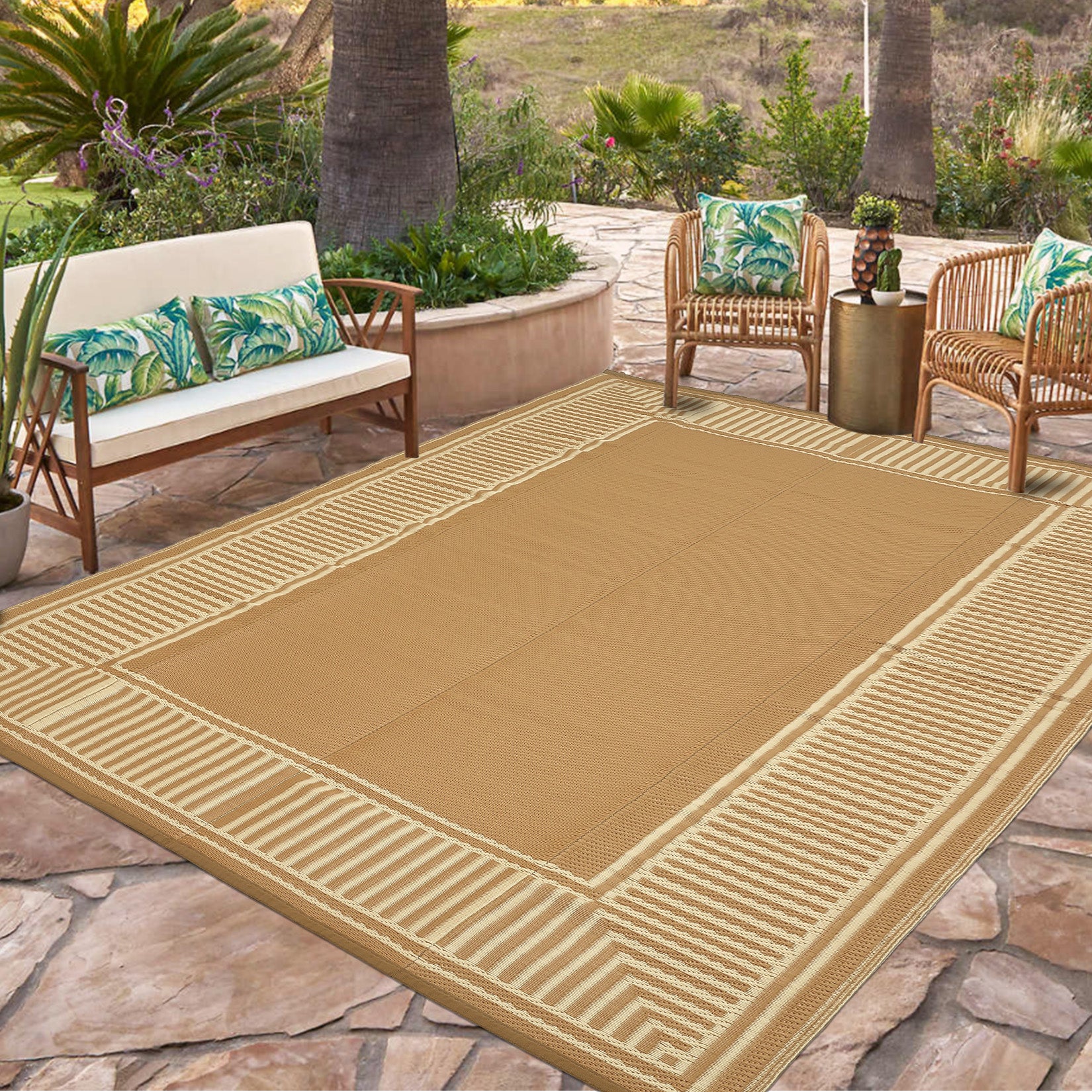 Garvee Waterproof Outdoor Area Rug - 10x20 Brown Coffee Plastic Straw Mat - UV Resistant, Non-Slip, Collapsible, Easy to Clean - Striped Edge, Sturdy Color for Patio, Garden, Deck, Camping