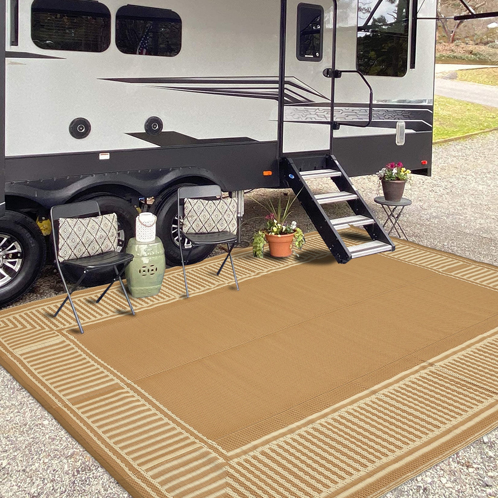 Garvee Waterproof Outdoor Area Rug - 10x20 Brown Coffee Plastic Straw Mat - UV Resistant, Non-Slip, Collapsible, Easy to Clean - Striped Edge, Sturdy Color for Patio, Garden, Deck, Camping