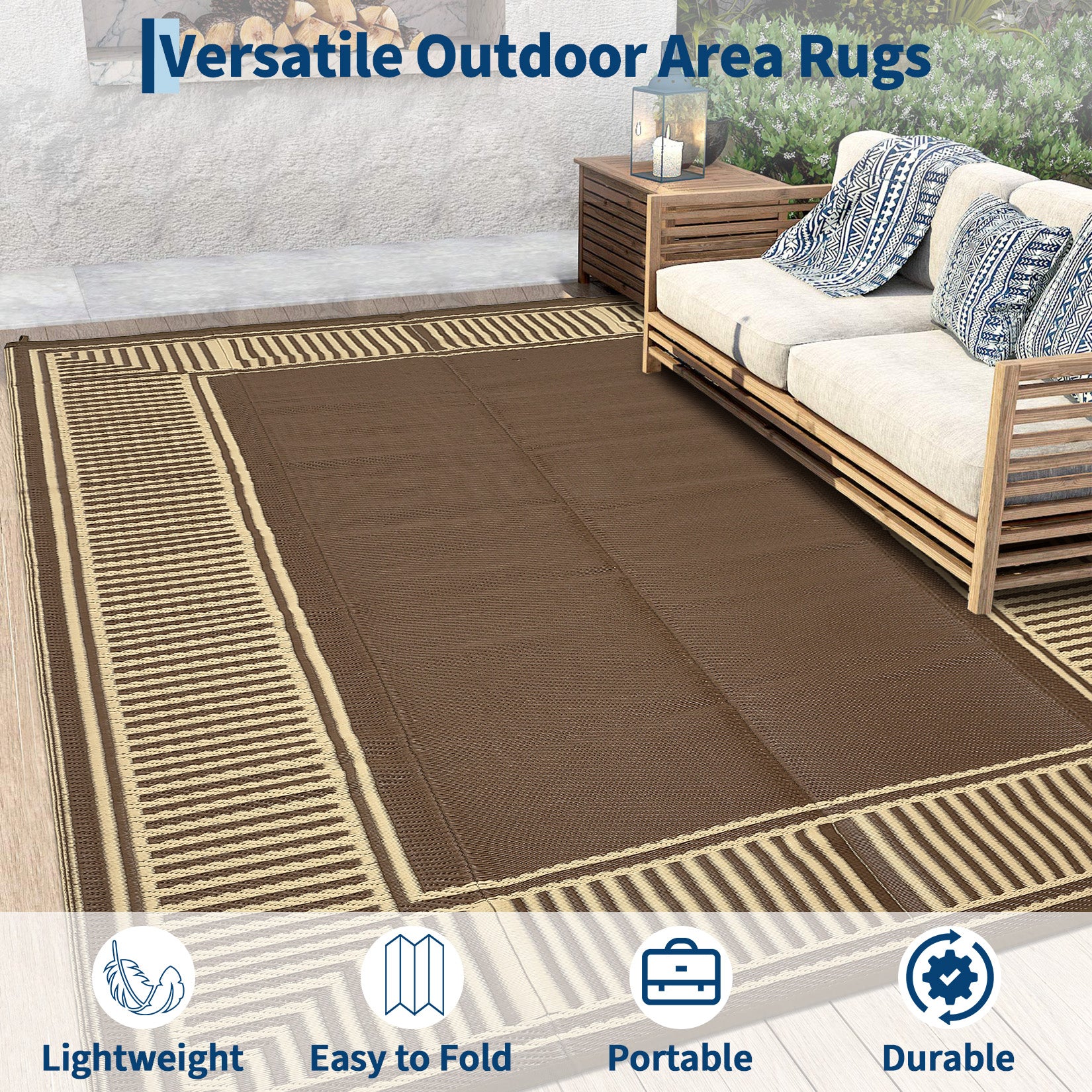 Garvee Reversible Outdoor Plastic Straw Rug - Modern Brown Coffee Striped Patio Carpet - Waterproof, Washable, Non-Slip, Collapsible - Ideal for Garden, Deck, RV, Balcony, 9x18ft