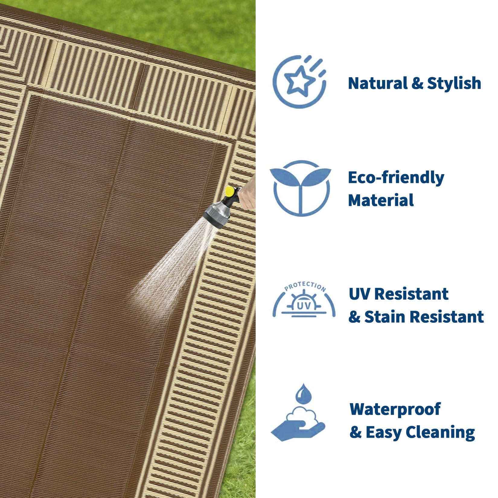 Garvee Reversible Outdoor Plastic Straw Rug - Modern Brown Coffee Striped Patio Carpet - Waterproof, Washable, Non-Slip, Collapsible - Ideal for Garden, Deck, RV, Balcony, 9x18ft