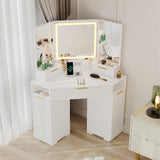 Garvee Corner Vanity Desk with Lighted Mirror, Fluted Wooden Makeup Table with Charging Station, 3 Drawers, Space-Saving Storage Cabinets & Open Shelves for Bedroom, White - White