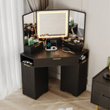 Garvee Corner Vanity Desk with Lighted Mirror, Fluted Wooden Makeup Table with Charging Station, 3 Drawers, Space-Saving Storage Cabinets & Open Shelves for Bedroom, Black - Black