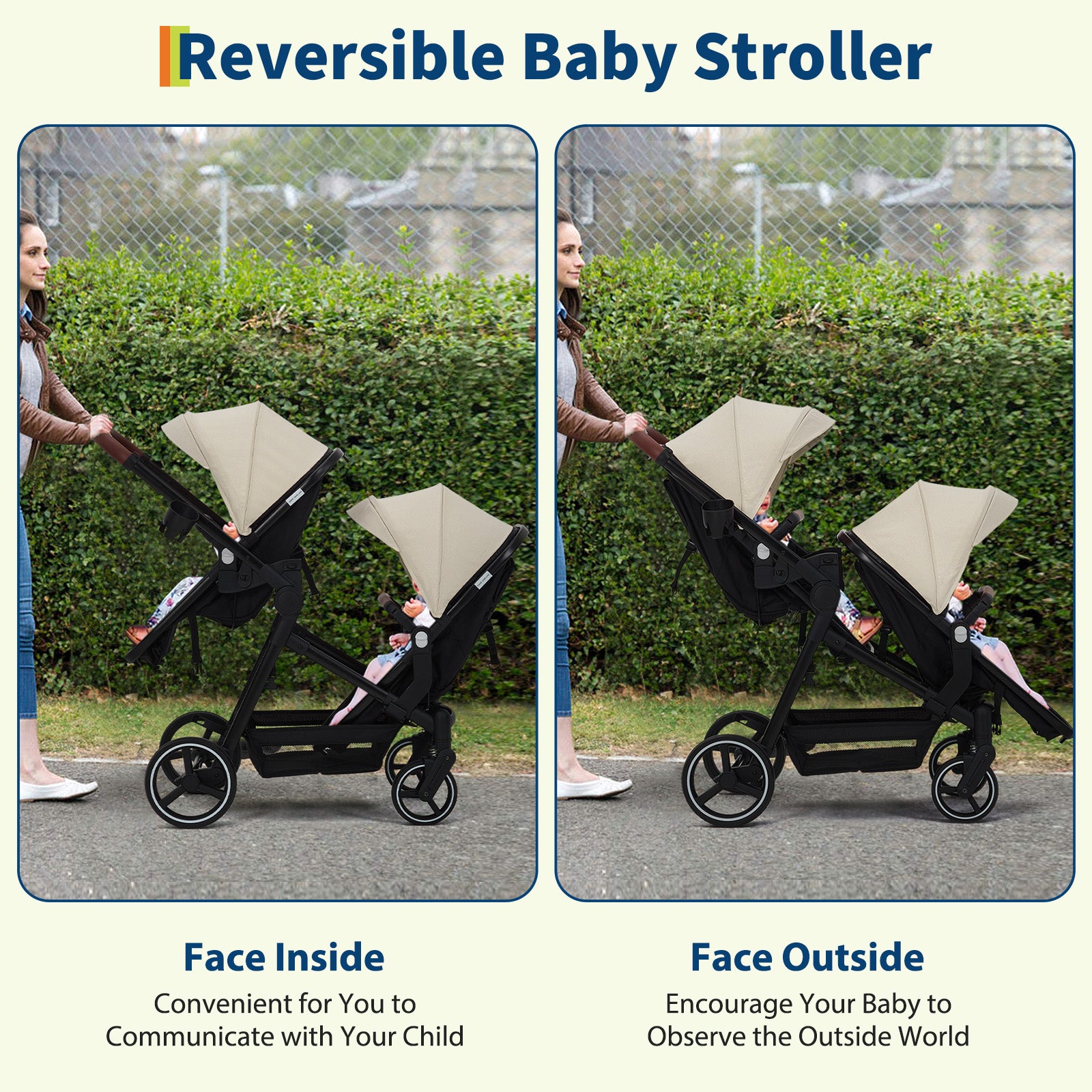 Garvee Foldable Double Baby Stroller in Multi-Position Reversible Design with Adjustable Backrest, Storage Basket and Canopy for Infant and Toddler, Beige