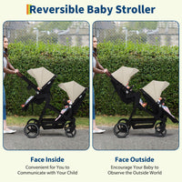Garvee Foldable Double Baby Stroller in Multi-Position Reversible Design with Adjustable Backrest, Storage Basket and Canopy for Infant and Toddler, Beige
