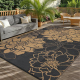 Garvee Outdoor Plastic Straw Rug 9x12 Waterproof Reversible Floral Botanical Polypropylene Non-Slip Lightweight Foldable with Carry Bag for Patio RV Camping - Black & Brown